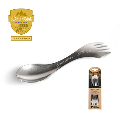 Swedish Spork Stainless med förpackning på vit bakgrund
